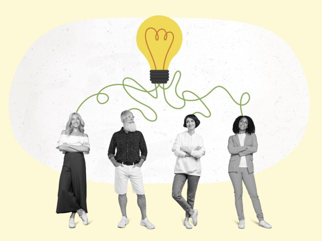 Diverse group of advocates with a lightbulb connecting their ideas for impactful advocacy.
