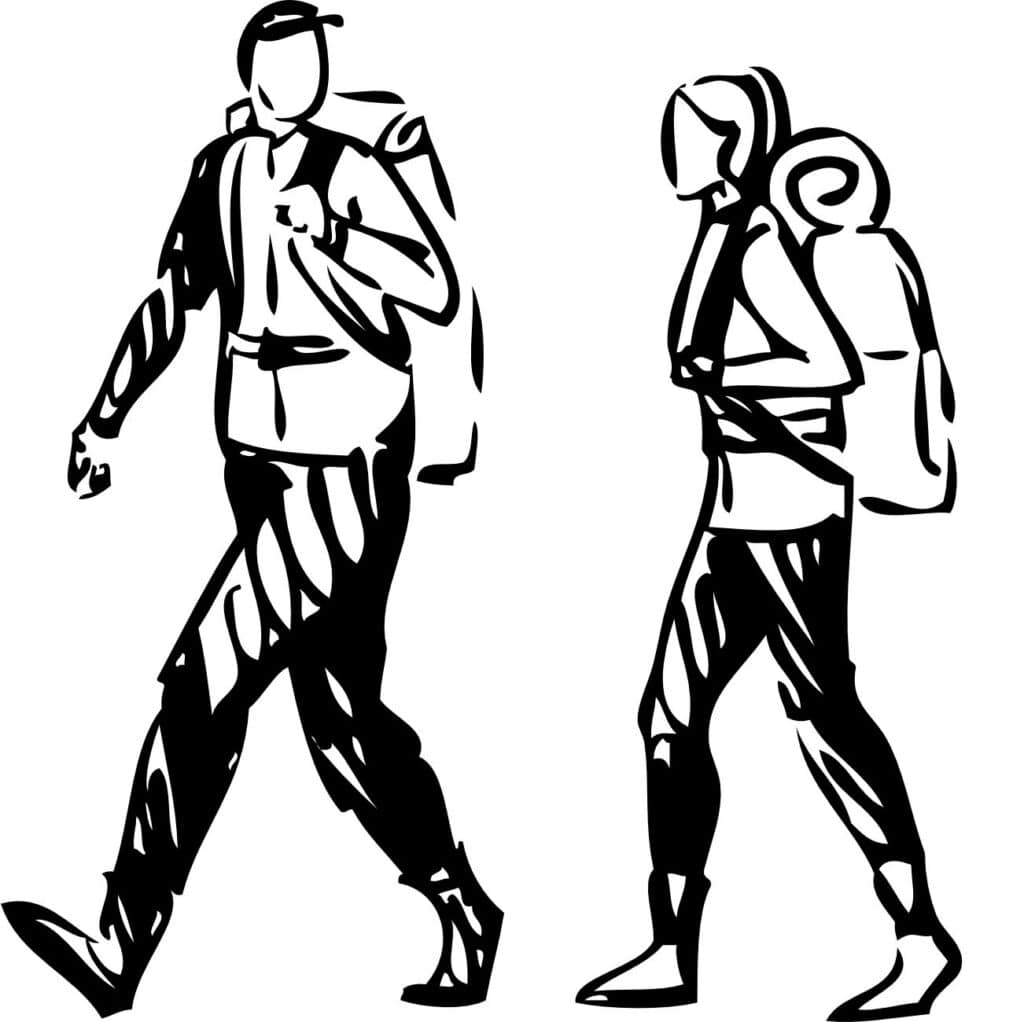 Two people walking outdoors with backpacks, promoting sustainable travel.