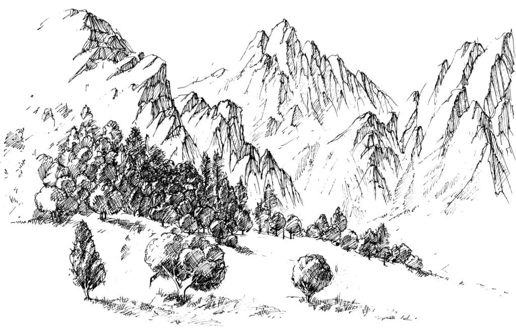 Mountain landscape sketch with trees and rugged peaks.