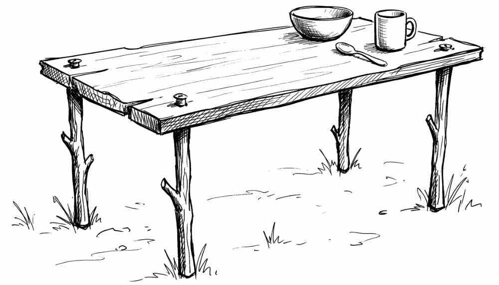 Line drawing of a bare wooden table with four roughly-cut branch legs, set with a bowl, mug, and spoon.