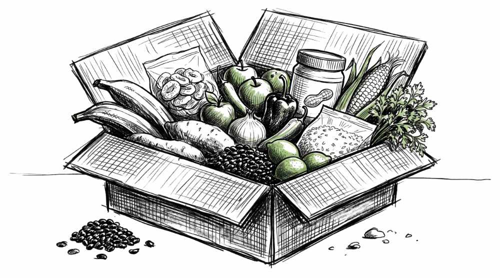Illustrated open cardboard box packed with produce, dried fruit, peanut butter, corn, rice, herbs, and beans, spilling slightly onto the surface below.