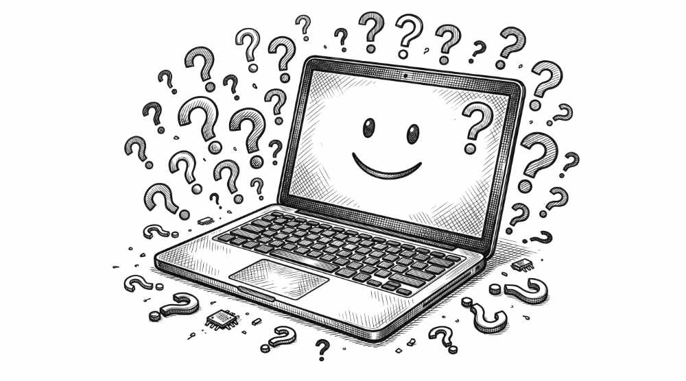 Laptop with a smiling face on the screen surrounded by question marks.