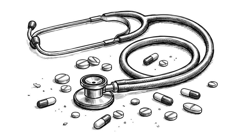 Black and white drawing of a stethoscope with scattered pills around it.